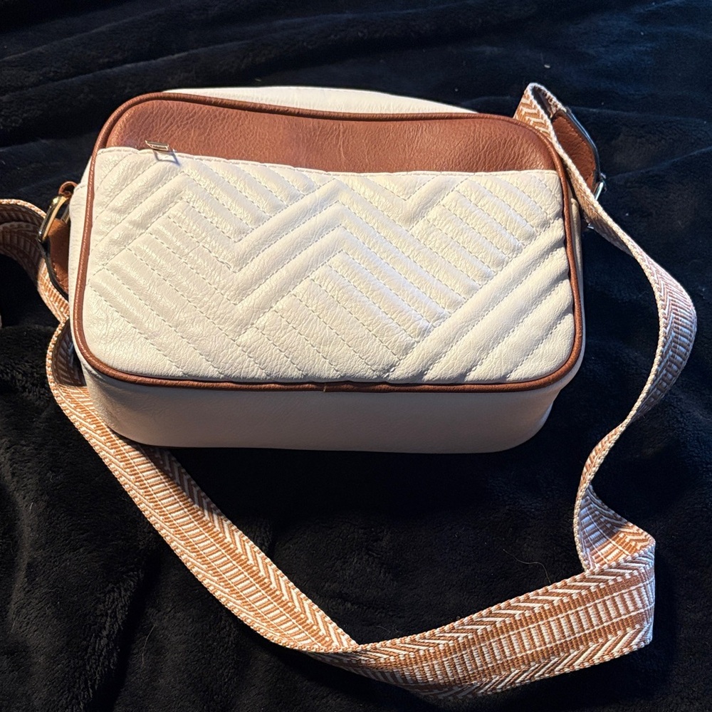 Cream and Brown Women's Small Crossbody Bag